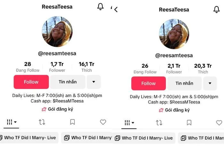Kênh TikTok cá nhân của Teesa Reesa cũng có lượng người hâm mộ khổng lồ