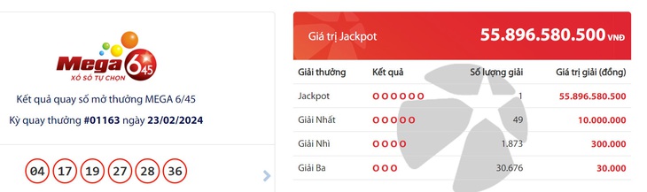 Một khách hàng nhà mạng Vinaphone trúng giải Jackpot trị giá hơn 55,8 tỉ đồng - Ảnh chụp kết quả mở thưởng - L.THANH