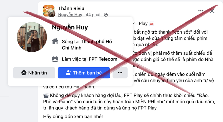 Thông tin nền tảng FPT Play chiếu Đào, phở và piano do một người dùng mạng xã hội đang &quot;làm việc tại FPT&quot; chia sẻ - Ảnh chụp màn hình