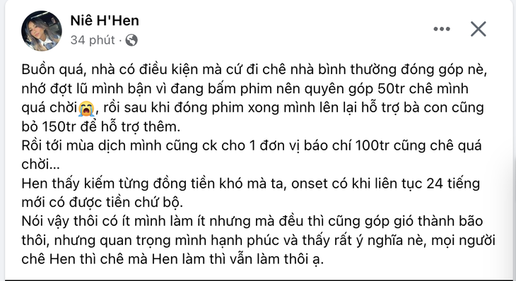 H'Hen Niê bày tỏ quan điểm sau khi bị một cư dân mạng chê quyên góp từ thiện quá ít