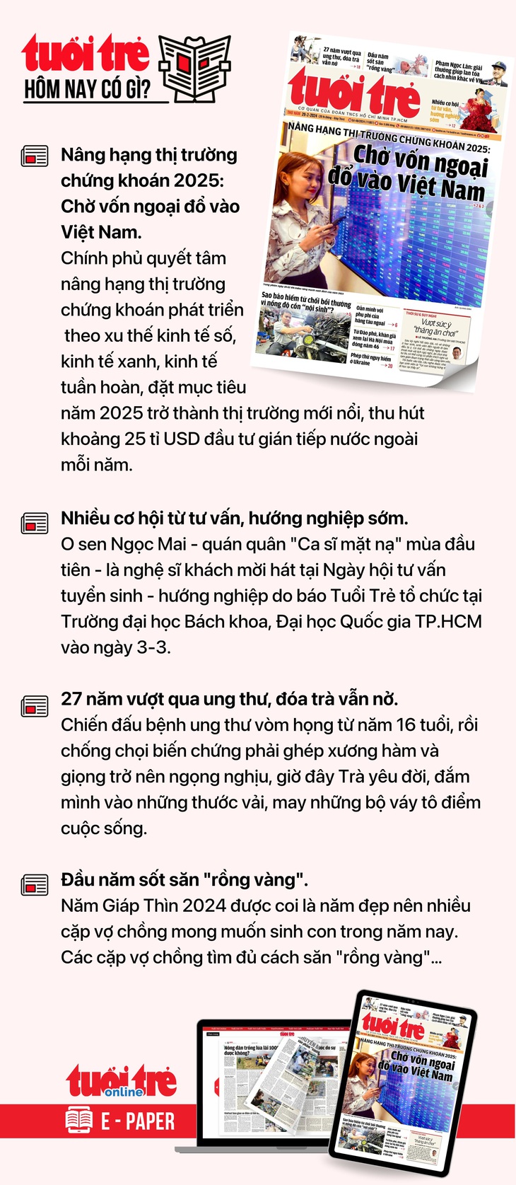 Tin tức chính trên Tuổi Trẻ nhật báo hôm nay 29-2. Để đọc Tuổi Trẻ báo in phiên bản E-paper, mời bạn đăng ký Tuổi Trẻ Sao TẠI ĐÂY