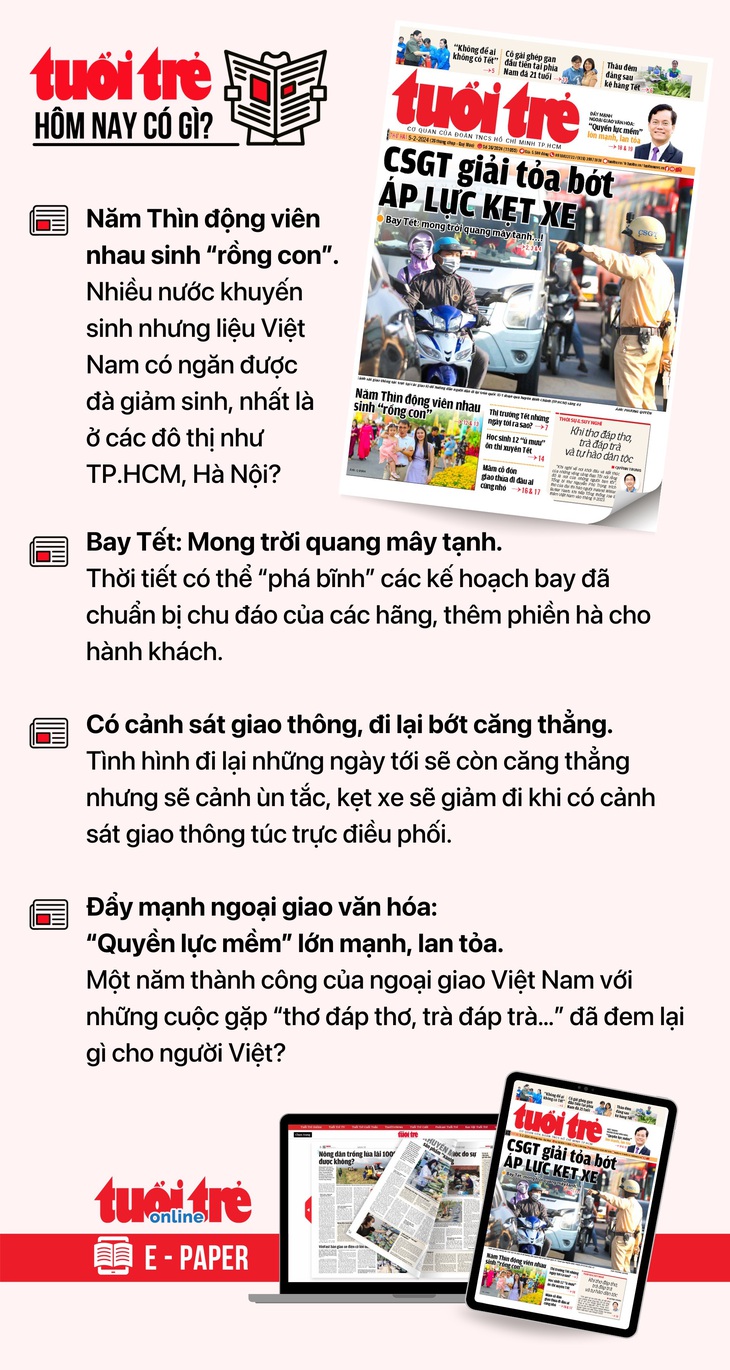 Tin tức đáng chú ý trên Tuổi Trẻ nhật báo ngày 5-2. Để đọc Tuổi Trẻ báo in phiên bản E-paper, mời bạn đăng ký Tuổi Trẻ Sao TẠI ĐÂY