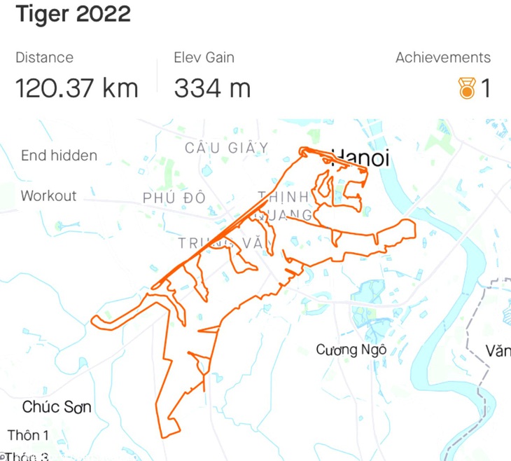 Con hổ được anh Tiến vẽ bằng cách chạy bộ - Ảnh: NVCC