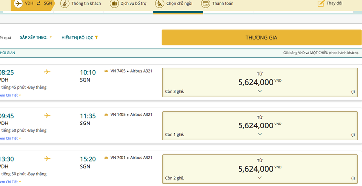 Nhiều chặng hết hạng phổ thông, còn vé thương gia trên 5 triệu đồng/vé - Ảnh chụp màn hình website Vietnam Airlines