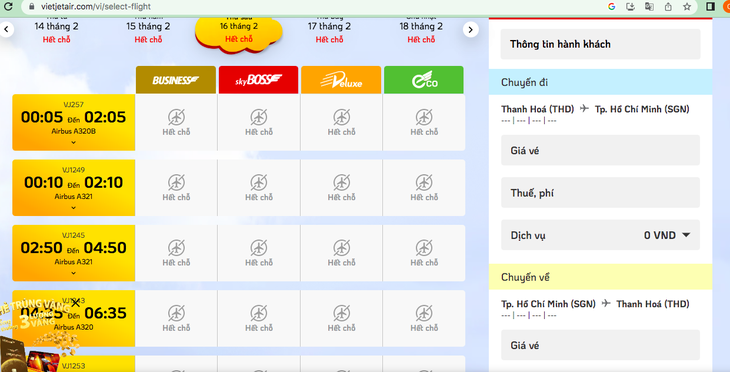 Vietjet &quot;cháy vé&quot; chặng bay Thanh Hóa - TP.HCM vài ngày liền dịp sau Tết - Ảnh chụp màn hình website của hãng Vietjet