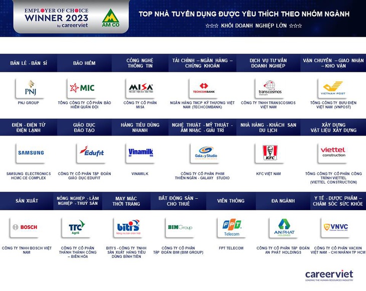 Nhà tuyển dụng được yêu thích theo các nhóm ngành – Khối doanh nghiệp lớn