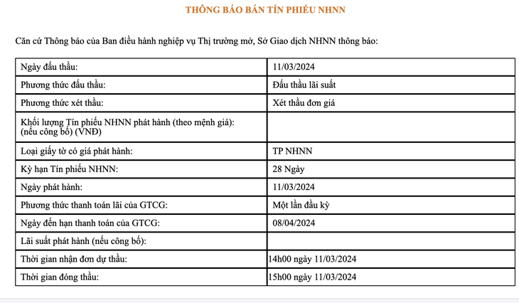 Thông tin đáng chú ý nhất phiên giao dịch hôm nay là việc Ngân hàng Nhà nước chào thầu tín phiếu - Ảnh chụp màn hình