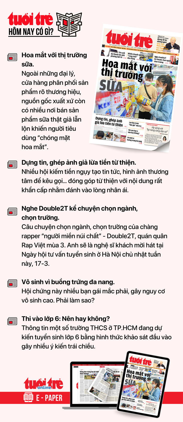 Tin tức đáng chú ý trên Tuổi Trẻ nhật báo ngày 14-3. Để đọc Tuổi Trẻ báo in phiên bản E-paper, mời bạn đăng ký Tuổi Trẻ Sao TẠI ĐÂY