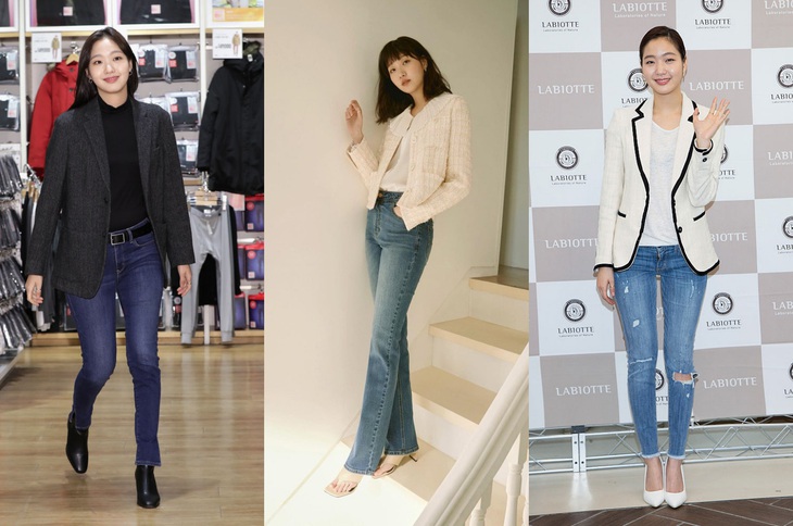 Một chiếc áo blazer phù hợp sẽ giúp việc phối đồ với quần jeans &quot;chuẩn chỉnh&quot; hơn rất nhiều. Nữ diễn viên diện quần jeans và chứng minh được rằng chỉ cần phối đúng, loại quần này có thể đi cùng bất kỳ loại giày dép nào, từ bốt, xăng đan và giày cao gót - Ảnh: Getty