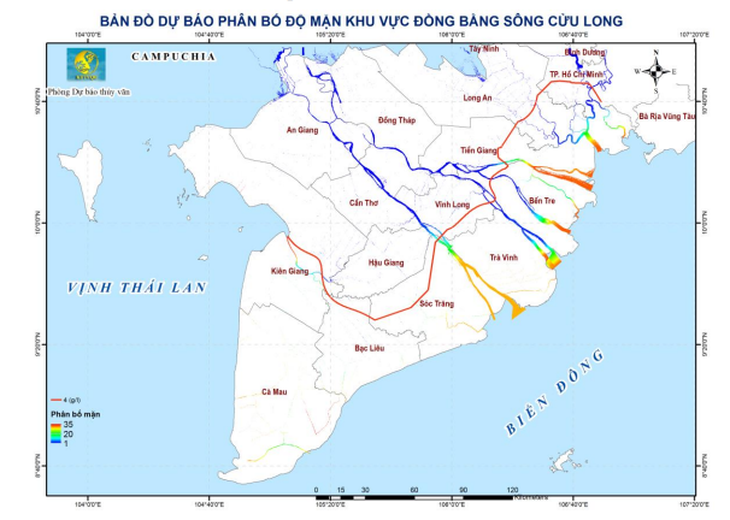 Bản đồ dự báo xâm nhập mặn cao nhất từ ngày 21 đến 31-3 - Ảnh: NCHMF