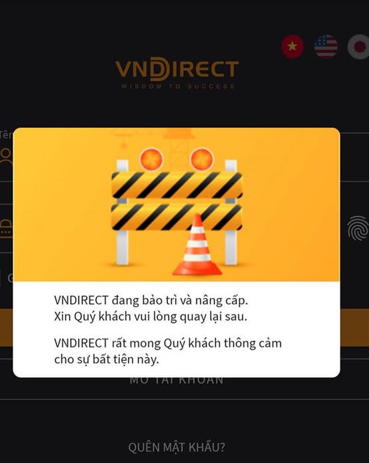 Nhà đầu tư mở tài khoản tại VNDirect vẫn chưa thể truy cập được ứng dụng để giao dịch - Ảnh chụp màn hình