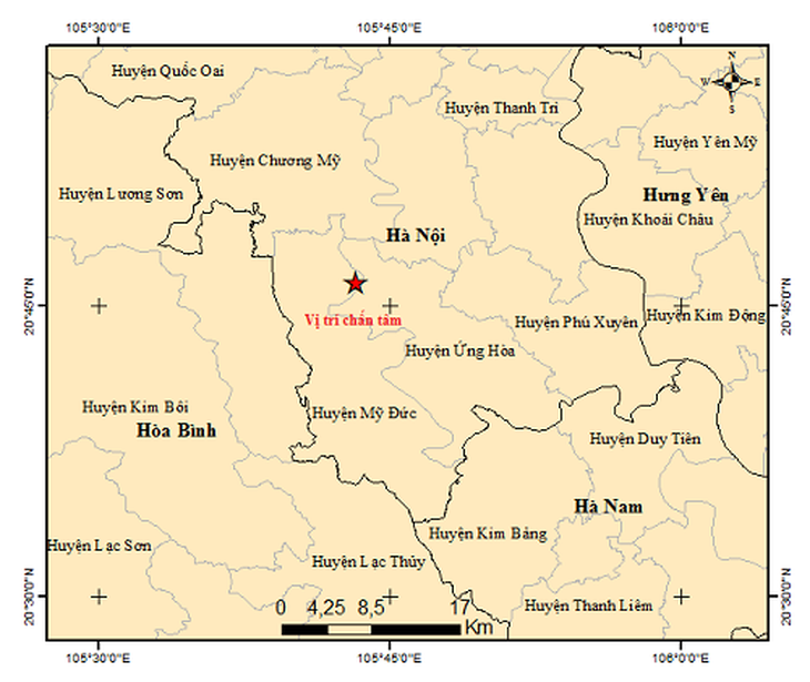 Bản đồ tâm chấn trận động đất tại Mỹ Đức, Hà Nội sáng 25-3- Ảnh: Viện Vật lý địa cầu