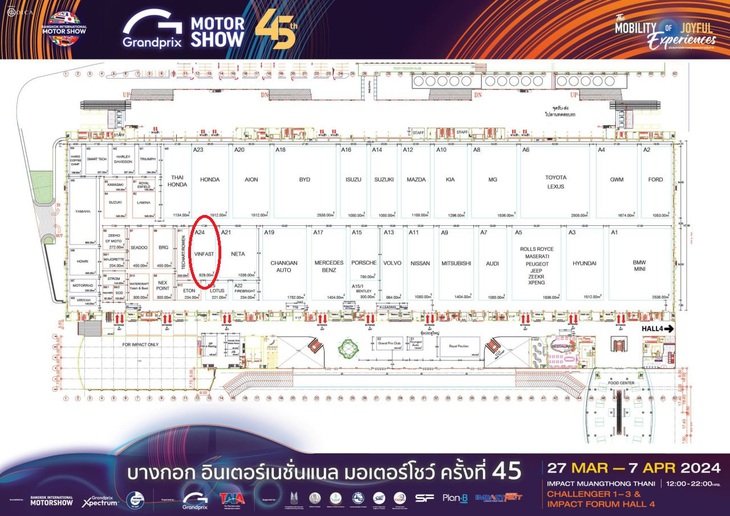 Theo sơ đồ mà ban tổ chức cung cấp, gian hàng của VinFast nằm kế bên hãng xe Trung Quốc NETA. Với diện tích 629m2, gian hàng của VinFast hơi nhỏ nếu so với không gian trưng bày của các hãng lớn.