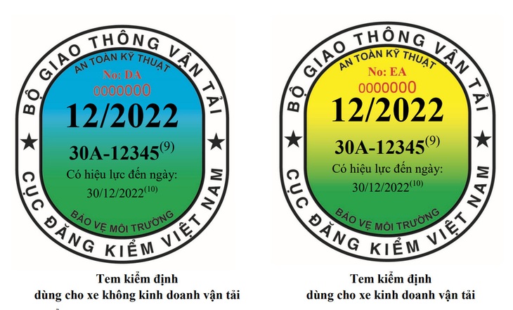 Theo quy định của Bộ Giao thông vận tải, xe kinh doanh vận tải có tem kiểm định màu vàng, xe không kinh doanh vận tải có tem kiểm định màu xanh - Nguồn: thông tư 16/2021/TT-BGTVT