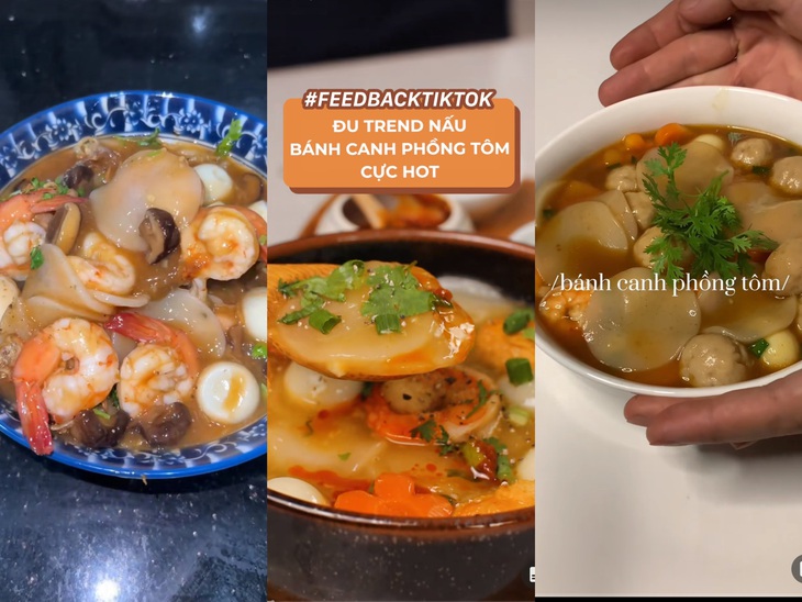 Trend nấu bánh canh phồng tôm trên TikTok - Ảnh: eatwpeach - yeubepofficial - tochannam.