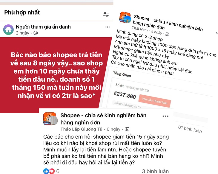 Nhiều tài khoản trong nhóm “Shopee - chiasẻ kinh nghiệm bán hàng nghìn đơn” chia sẻ bức xúc - Ảnh: THẢO THƯƠNG