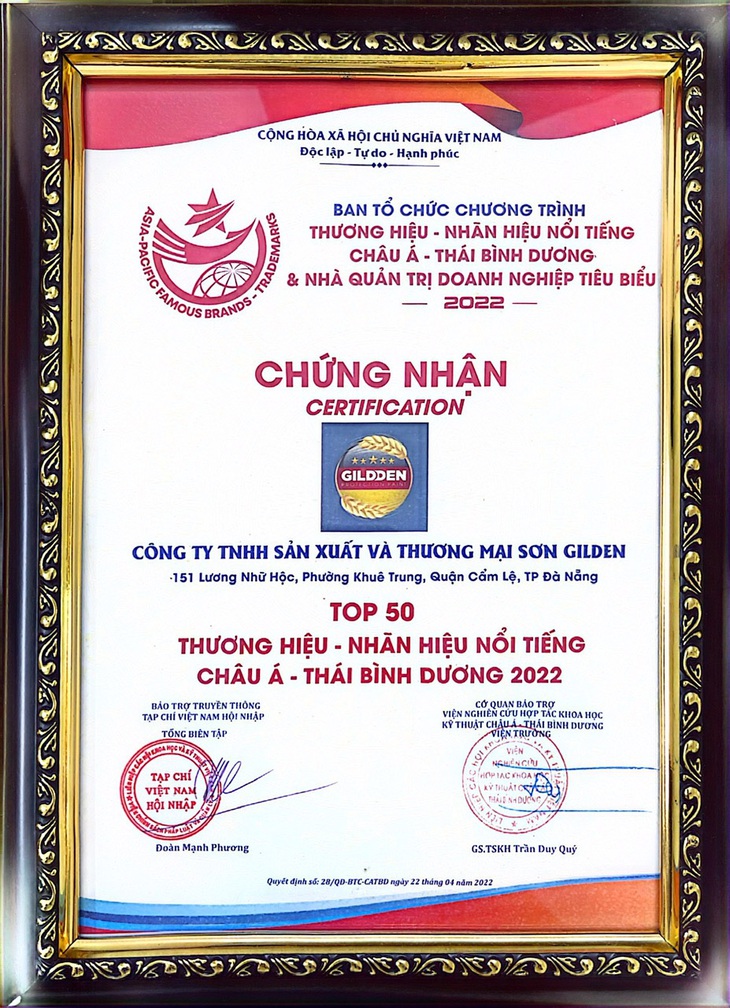 Sơn Gildden đã vinh dự nhận Chứng nhận Top 50 thương hiệu - nhãn hiệu  nổi tiếng Châu Á - Thái Bình Dương