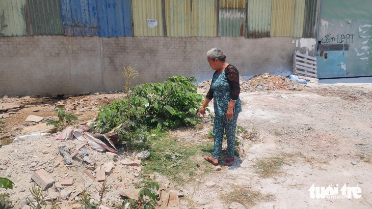 Bà Tư chỉ vị trí nơi phát hiện chiếc túi ni lông bên trong có một bé gái sơ sinh - Ảnh: NGỌC KHẢI