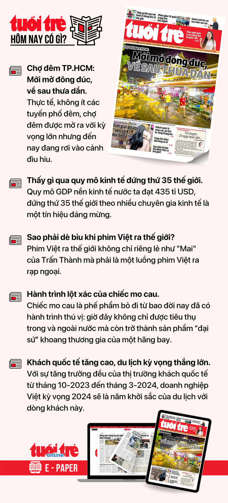 Tin tức chính trên Tuổi Trẻ nhật báo hôm nay 31-3. Để đọc Tuổi Trẻ báo in phiên bản E-paper, mời bạn đăng ký Tuổi Trẻ Sao TẠI ĐÂY