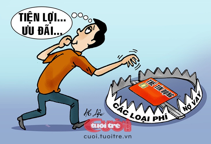 Thẻ ngân hàng vừa trả nợ vừa trả phí - Tranh biếm họa của Hữu Lộc