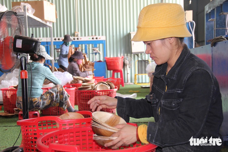 Công nhân kiểm tra thành phẩm chén mo cau