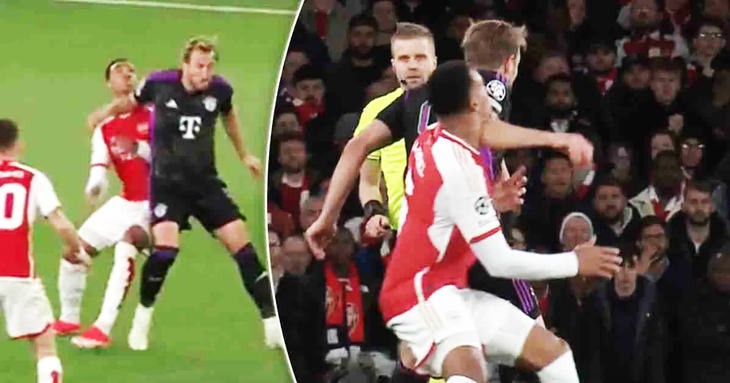 Trọng tài quan sát rất rõ tình huống Harry Kane thúc cùi chỏ Gabriel Magalhaes của Arsenal - Ảnh: Cắt clip