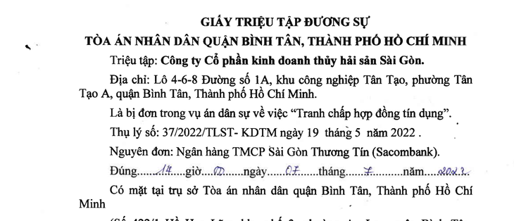 Giấy triệu tập liên quan đến tranh chấp hợp đồng tín dụng giữa ngân hàng và APT - Nguồn: DN