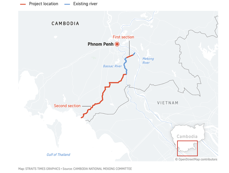 Đồ họa về dự án kênh đào Phù Nam Techo, với phần màu đỏ là phần kênh đào sẽ xây dựng, phần màu xanh là một phần sông Bassac hiện có - Ảnh chụp màn hình Straits Times
