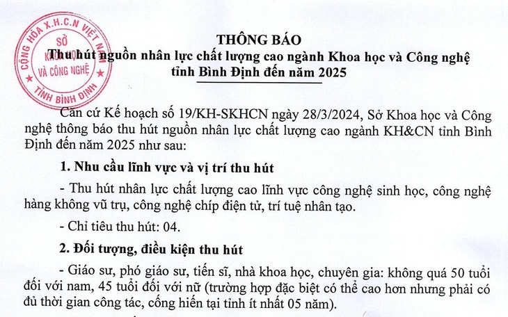 Bình Định thông báo thu hút nhân lực ngành Khoa học và Công nghệ chất lượng cao