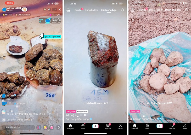 Hình ảnh các livestream “đổ thạch” săn tiền trên TikTok. Người chơi bỏ tiền vào để mong “đập” ra đá quý và được hoàn lại nhiều tiền
