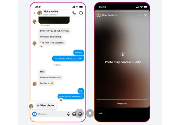 Khi một người nhận tin nhắn có chứa ảnh khỏa thân trên Instagram, hình ảnh đó sẽ tự động bị làm mờ kèm dòng cảnh báo - Ảnh: Meta