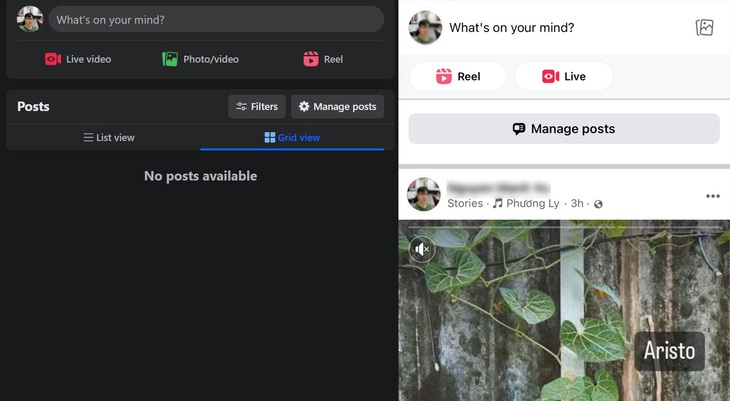 Giao diện tài khoản Facebook trên PC đã không còn hiển thị bất kỳ bài đăng nào nữa (bên trái). Giao diện Facebook trên màn hình điện thoại vẫn bình thường. (Ảnh chụp màn hình)