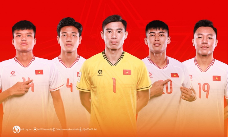 Thành viên ban cán sự U23 Việt Nam tại VCK U23 châu Á 2024, đội trưởng thủ môn Quan Văn Chuẩn (áo vàng) và 4 đội phó (từ trái qua) Nguyễn Văn Tùng, Lương Duy Cương, Nguyễn Ngọc Thắng, Nguyễn Thái Sơn - Ảnh: VFF