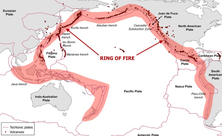 Indonesia nằm trên khu vực Vành đai lửa Thái Bình Dương, nơi thường xuyên xảy ra các hoạt động địa chấn - Ảnh: NATURAL HAZARDS