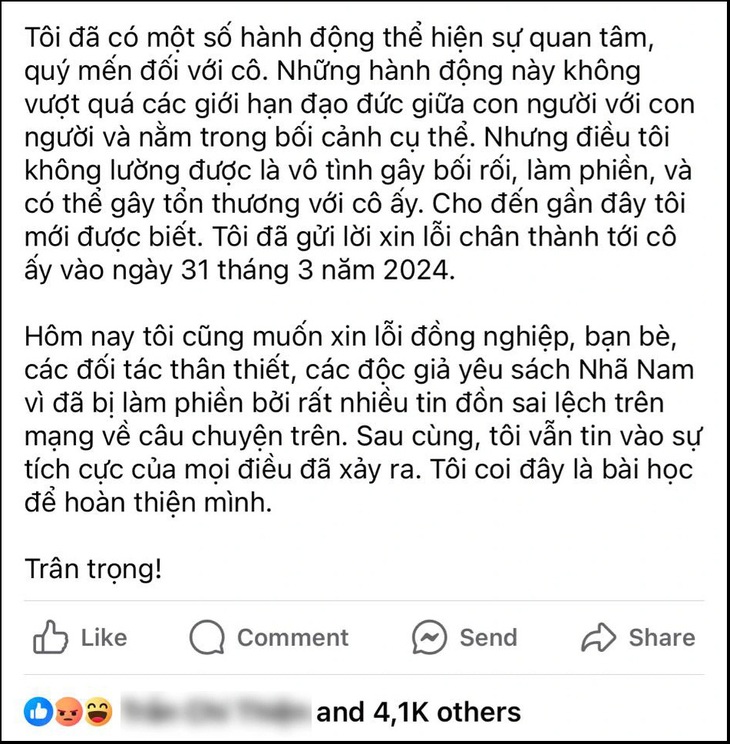 Lời xin lỗi đăng tải lúc nửa đêm khiến cư dân mạng "la làng". (Ảnh chụp màn hình)