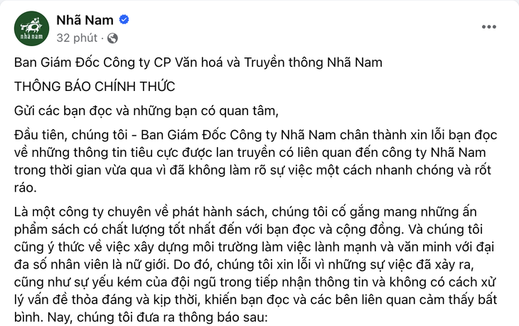 Thông báo được Nhã Nam đưa ra lúc 19h30 tối 18-4