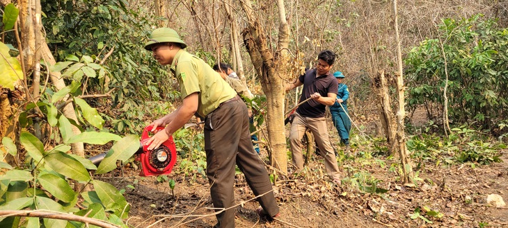 Cán bộ Hạt kiểm lâm Mường Lát hướng dẫn người dân làm đường băng cản lửa phòng, chống cháy rừng mùa nắng nóng - Ảnh: HÀ ĐỒNG chụp sáng 2-4