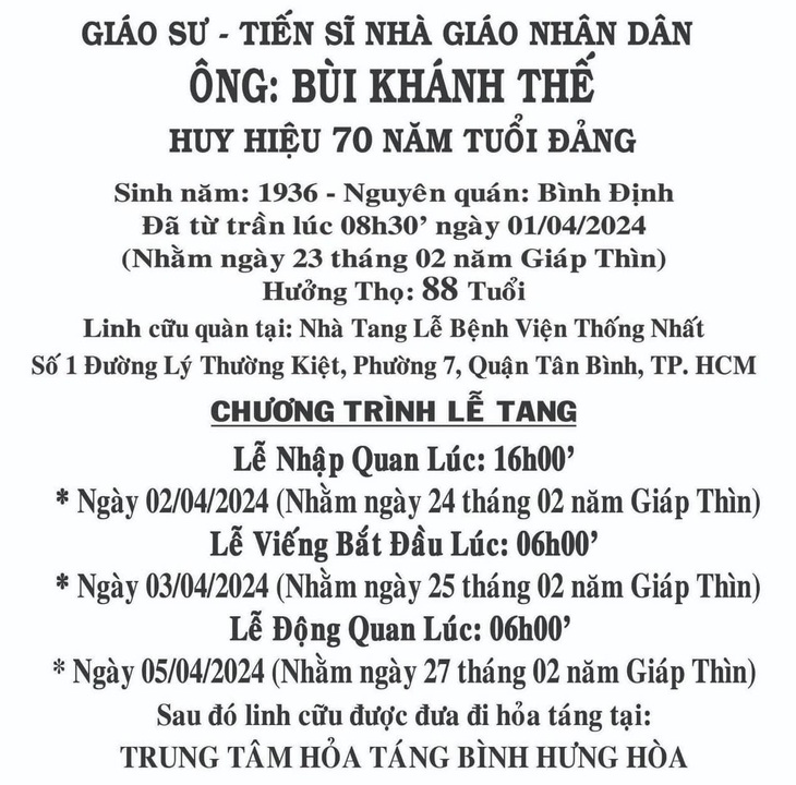 Thông tin lễ tang giáo sư Bùi Khánh Thế