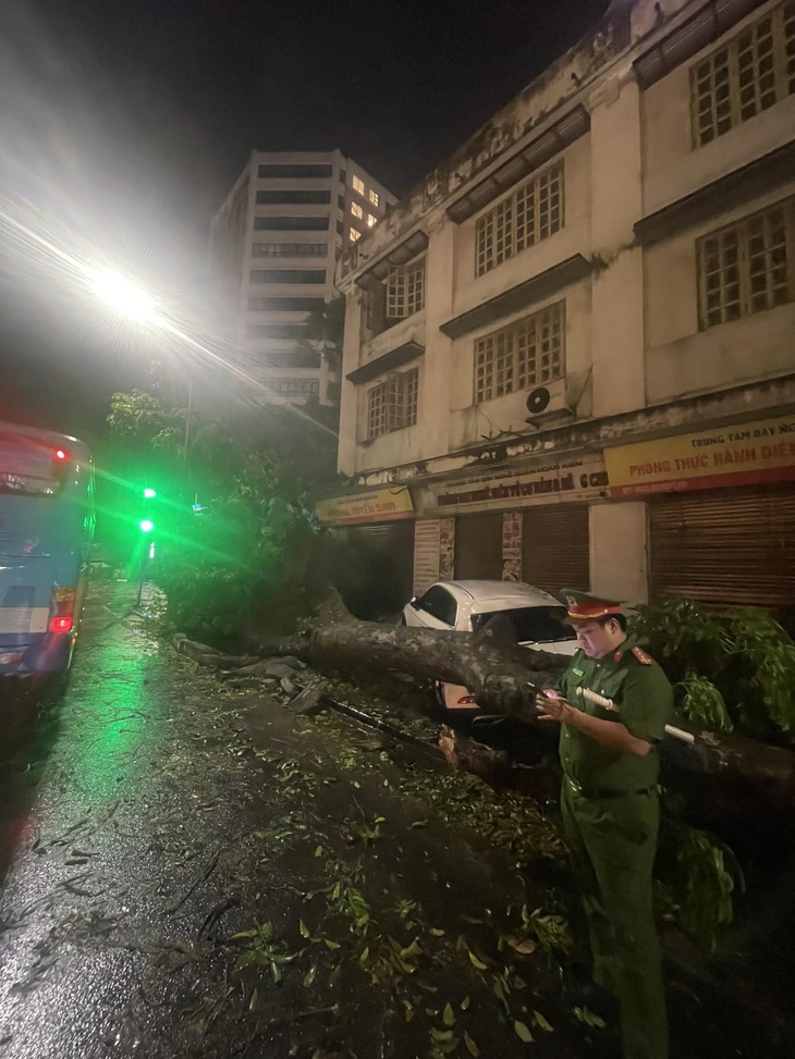 Trên phố Quán Sứ, một cây sấu lớn đổ đập ngang trên chiếc xe Audi - Ảnh: QUANG VIỄN