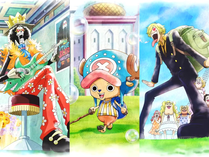 Các thành viên của băng hải tặc Mũ Rơm (từ trái qua): Brook, Chopper, Sanji