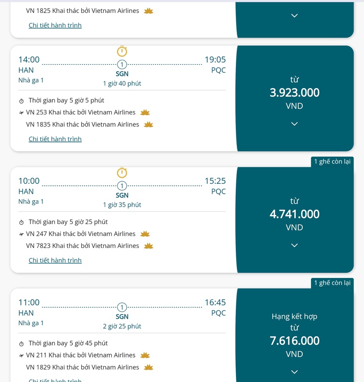 Giá vé giảm, nhiều chuyến Hà Nội - Phú Quốc vẫn còn vé 3,2 triệu đồng, mua vé khứ hồi khoảng 6,5 triệu đồng - Ảnh chụp màn hình ngày 28-4 trên website hãng bay