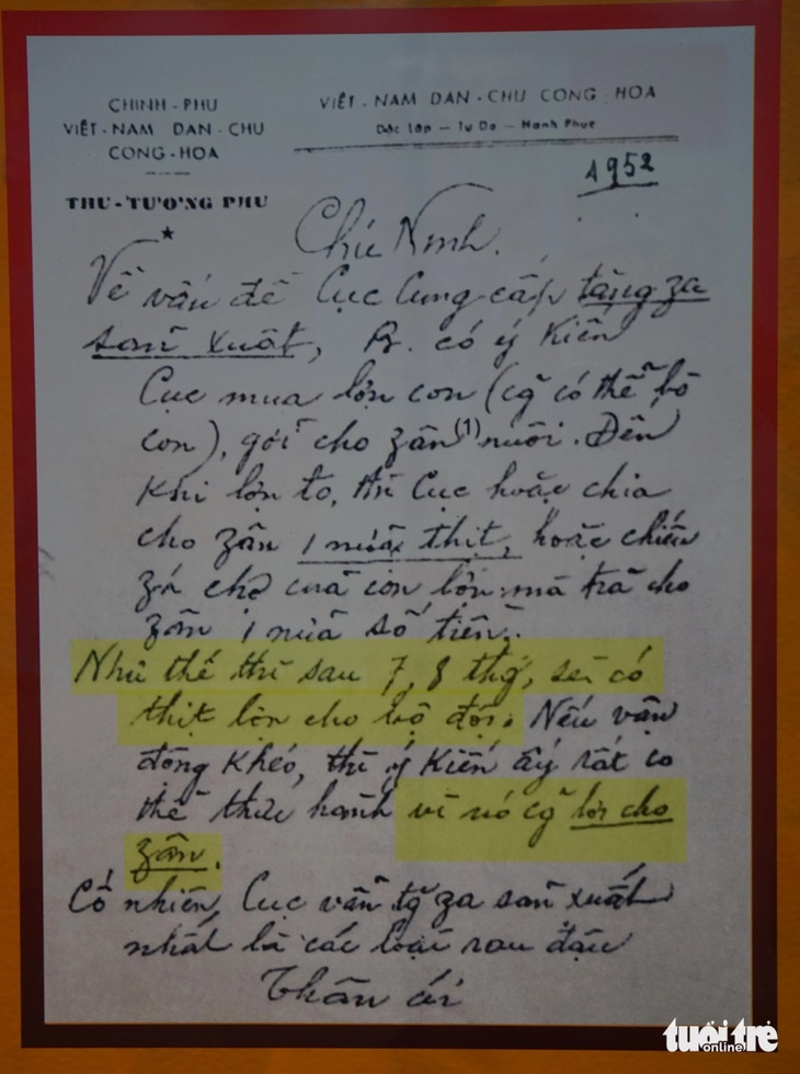Thư Bác Hồ gửi ông Trần Đăng Ninh gợi ý Tổng cục Cung cấp phối hợp với dân nuôi lợn, bò để bộ đội có thịt ăn - Ảnh: T.ĐIỂU