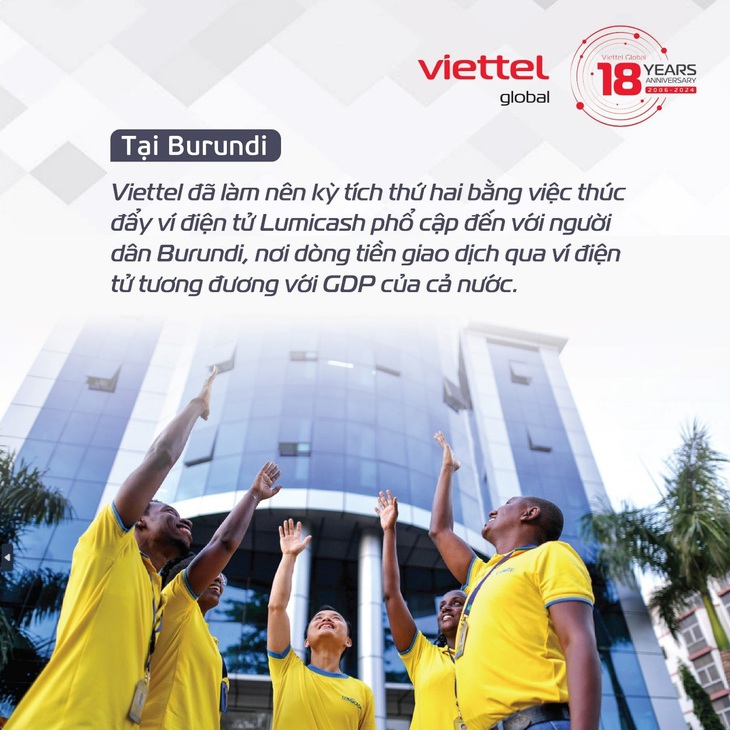 Viettel đã làm nên kỳ tích thứ hai bằng việc thúc đẩy ví điện tử Lumicash phổ cập đến với người dân Burundi, nơi dòng tiền giao dịch qua ví điện tử tương đương với GDP của cả nước.