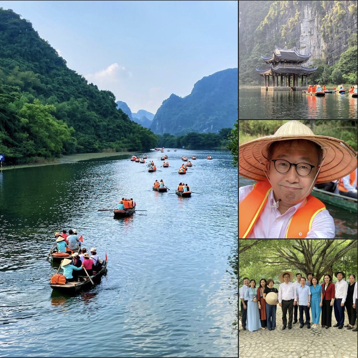 Những tình cảm dành cho Việt Nam của nguyên Đại sứ Nhật Bản Yamada Takio- Ảnh 1. Đại sứ Yamada Takio đội nón lá, tham quan quần thể danh thắng Tràng An ở Ninh Bình trong thời gian ở Việt Nam - Ảnh: Đại sứ quán Nhật Bản