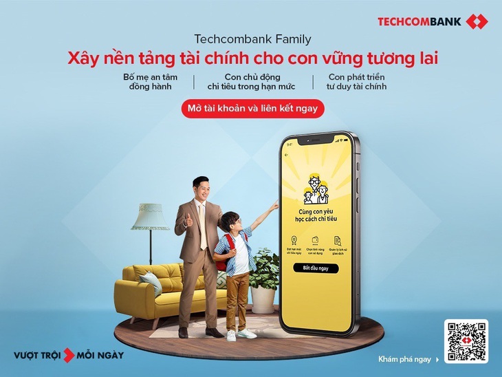 Để hỗ trợ các phụ huynh cùng con quản lý tài chính, Techcombank đã ra mắt tính năng Techcombank Family trên app ngân hàng điện tử Techcombank Mobile - Ảnh: Techcombank