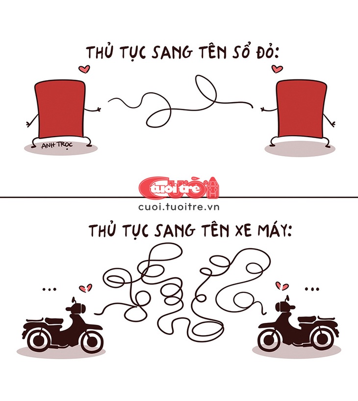 Thủ tục sang tên xe máy loằng ngoằng hơn sang tên sổ đỏ - Tranh: Anh Trọc Comics 