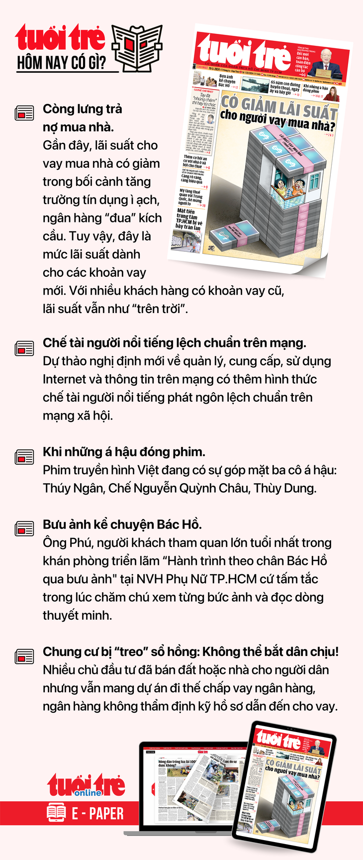 Tin tức chính trên Tuổi Trẻ nhật báo hôm nay 19-5. Để đọc Tuổi Trẻ báo in phiên bản E-paper, mời bạn đăng ký Tuổi Trẻ Sao TẠI ĐÂY