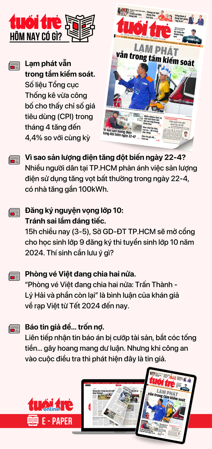 Tin tức chính trên Tuổi Trẻ nhật báo hôm nay 3-5. Để đọc Tuổi Trẻ báo in phiên bản E-paper, mời bạn đăng ký Tuổi Trẻ Sao TẠI ĐÂY