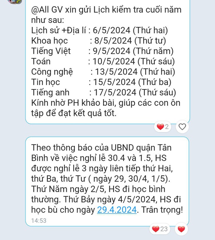 Tin nhắn thông báo học sinh đi học bù vào thứ bảy do giáo viên gửi phụ huynh - Ảnh chụp màn hình