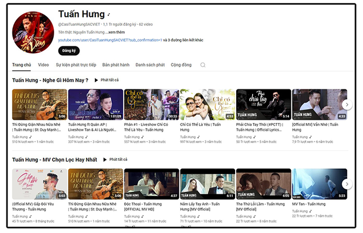 MV mới nhất trên kênh YouTube của Tuấn Hưng là 